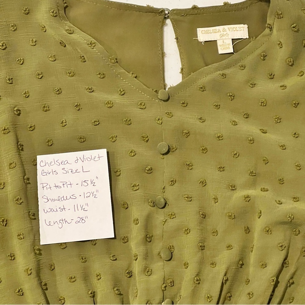 Chelsea Violet Big Girl Smocked Waist Clip Dot Mini Dress Longsleeve Olive Green - Picture 4 of 6